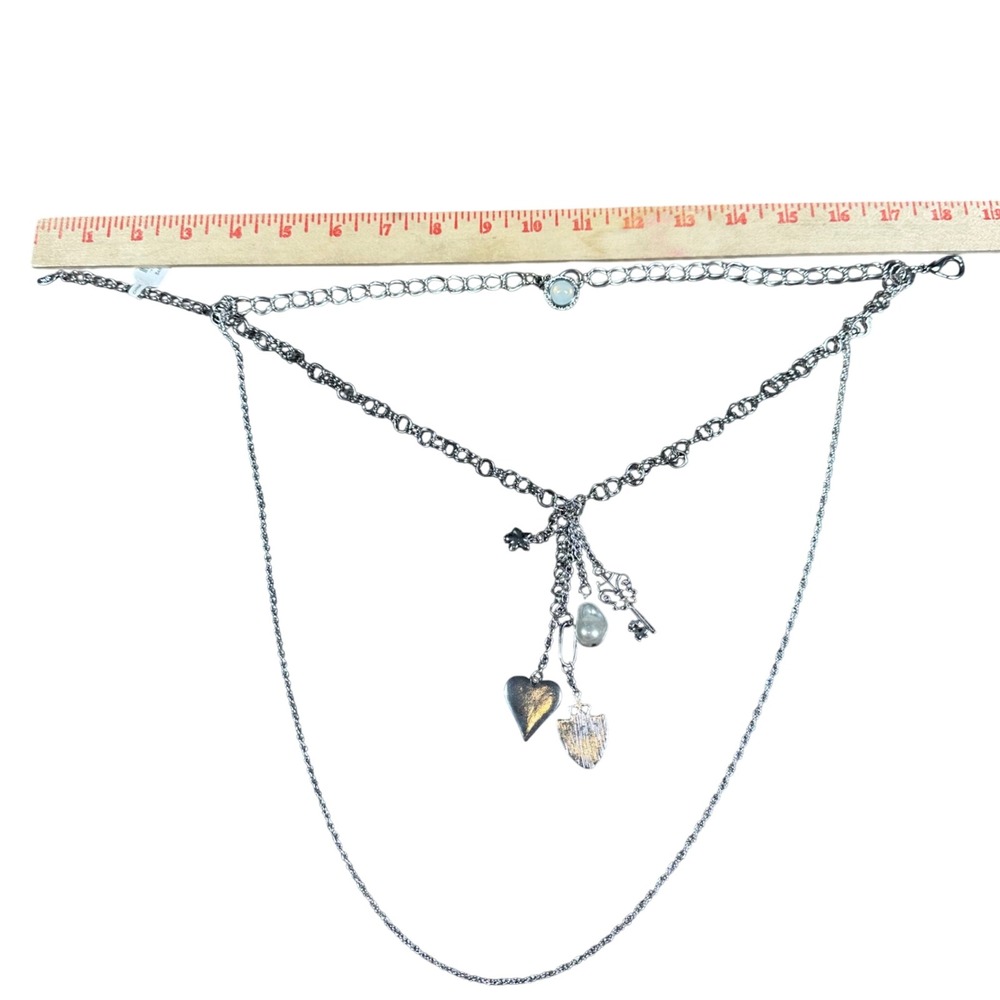 Free People Tate Necklace NWT Womens OS Silver Multi Charm Heart Key Blue Shield - Picture 7 of 7